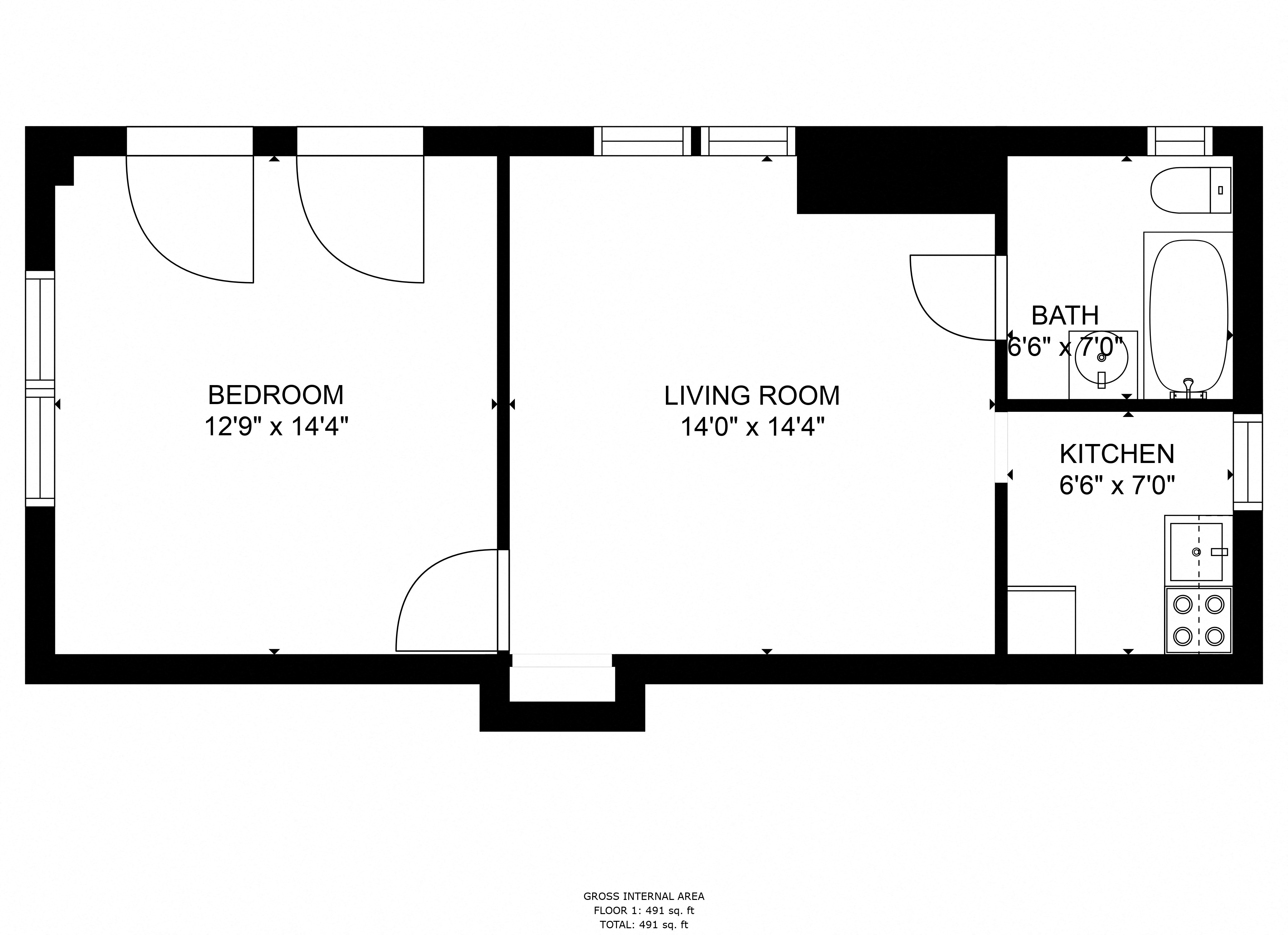 Floor plan for 1 bed, 1 bath, 550 sqft