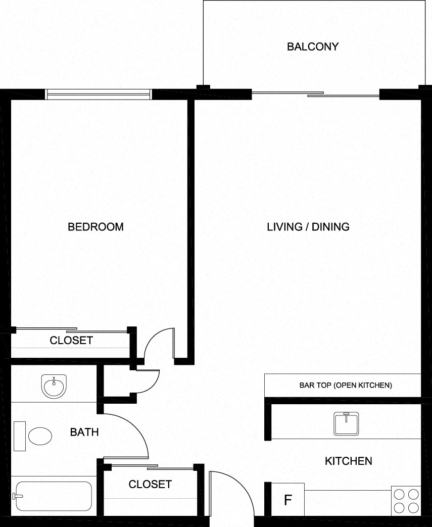 Floor plan for 1 bed, 1 bath, 600 sqft