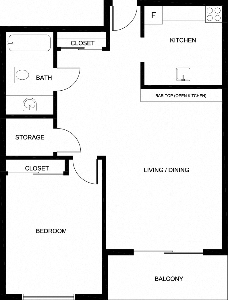 Floor plan for 1 bed, 1 bath, 670 sqft
