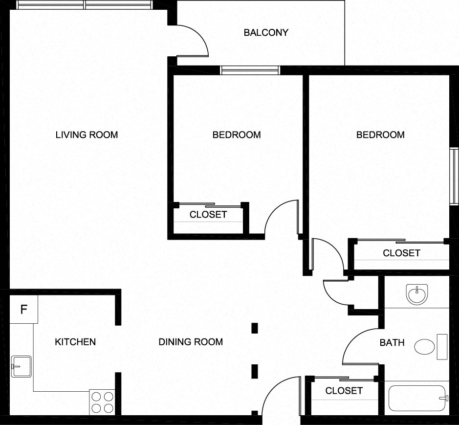 Floor plan for 2 beds, 1 bath, 945 sqft