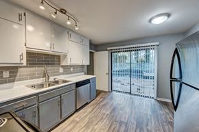 Chamblee apartment for rent - a kitchen with stainless steel appliances and a sliding glass door