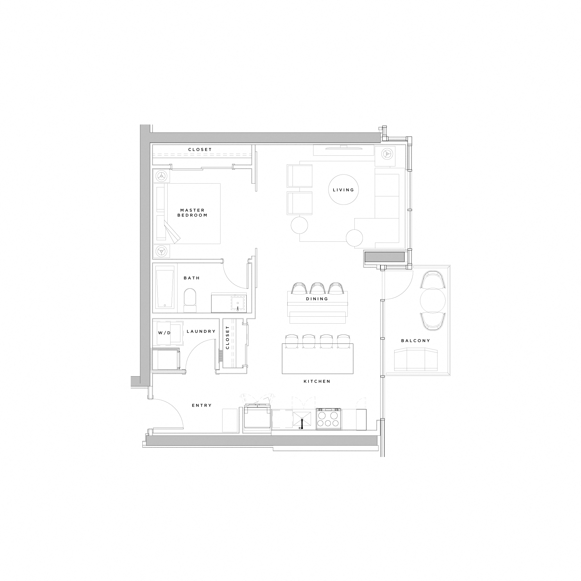 Floor plan for 1 bed, 1 bath, 751 sqft