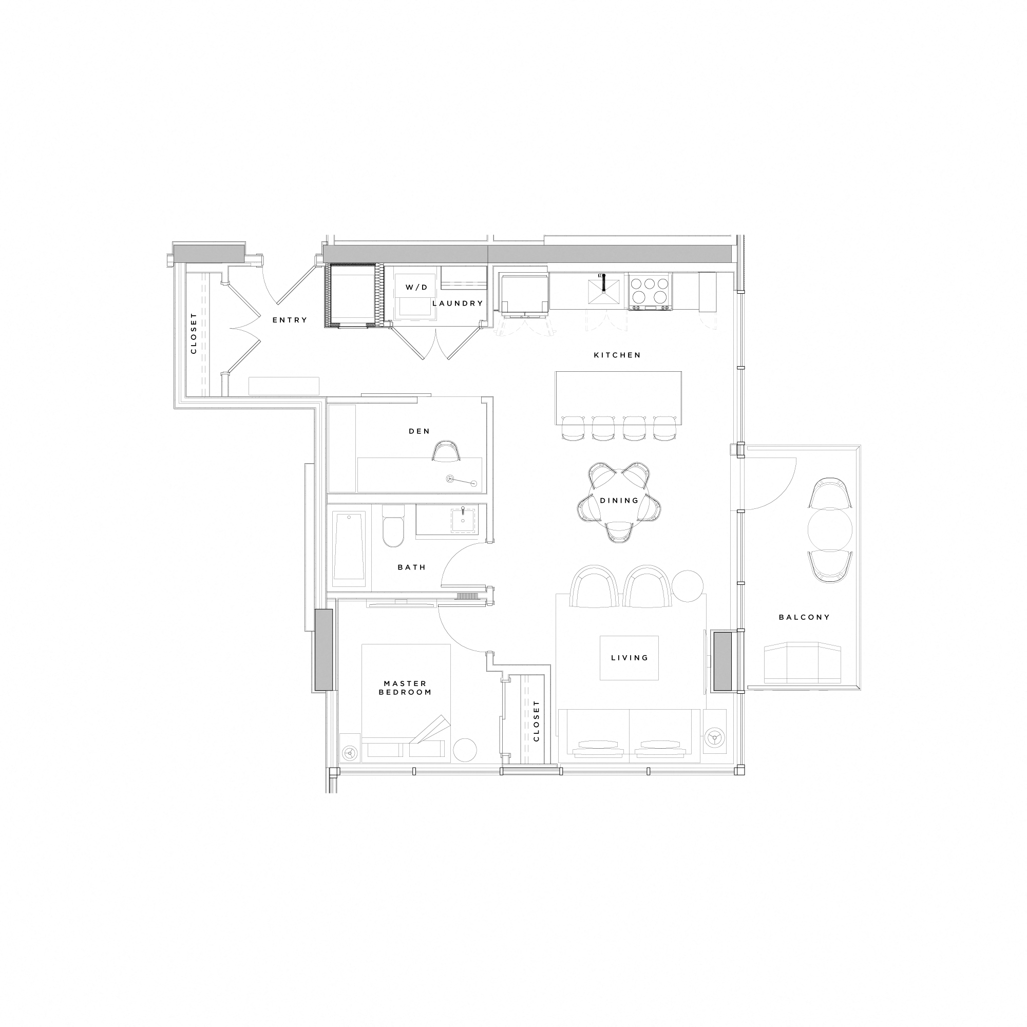 Floor plan for 1 bed, 1 bath, 764 sqft
