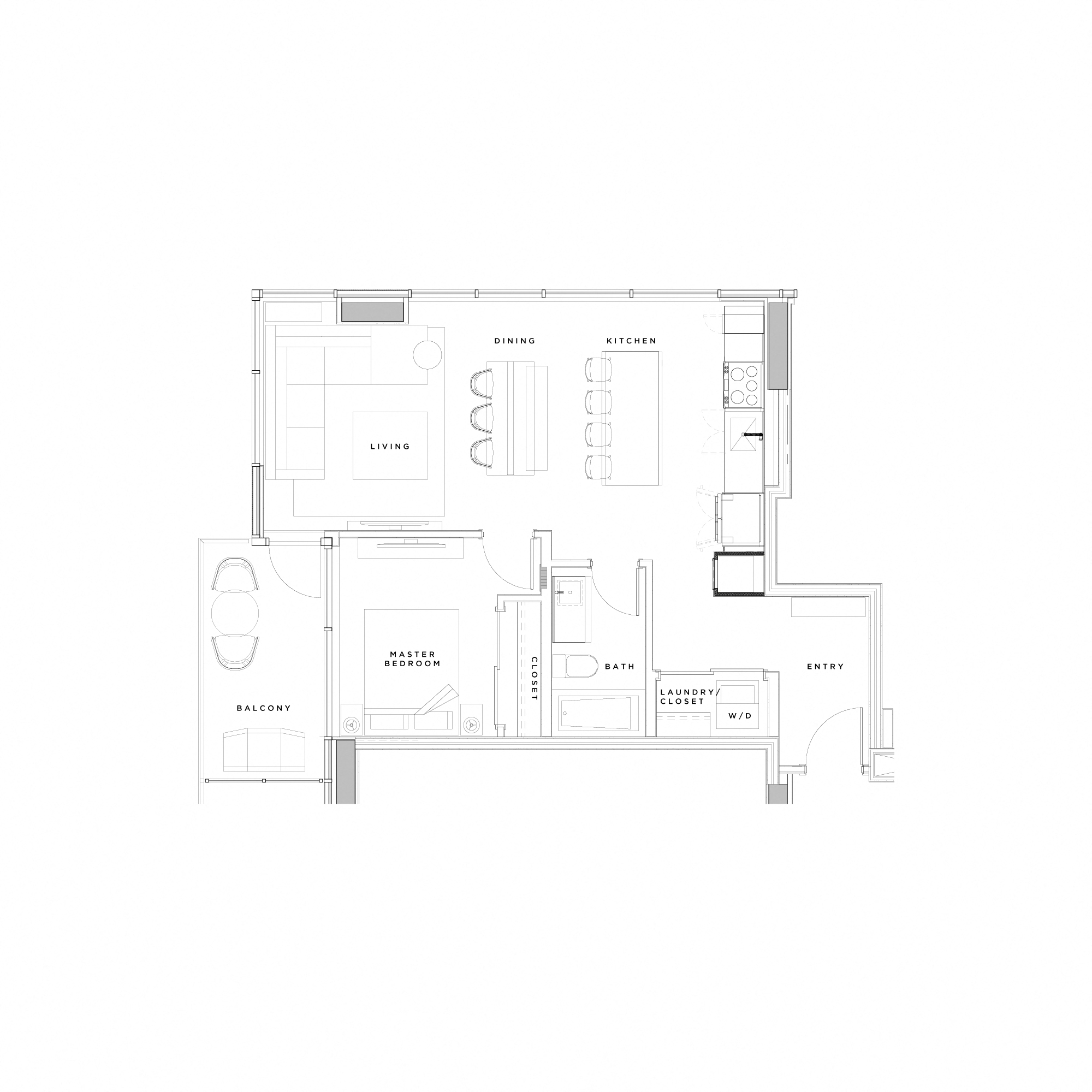 Floor plan for 1 bed, 1 bath, 672 sqft