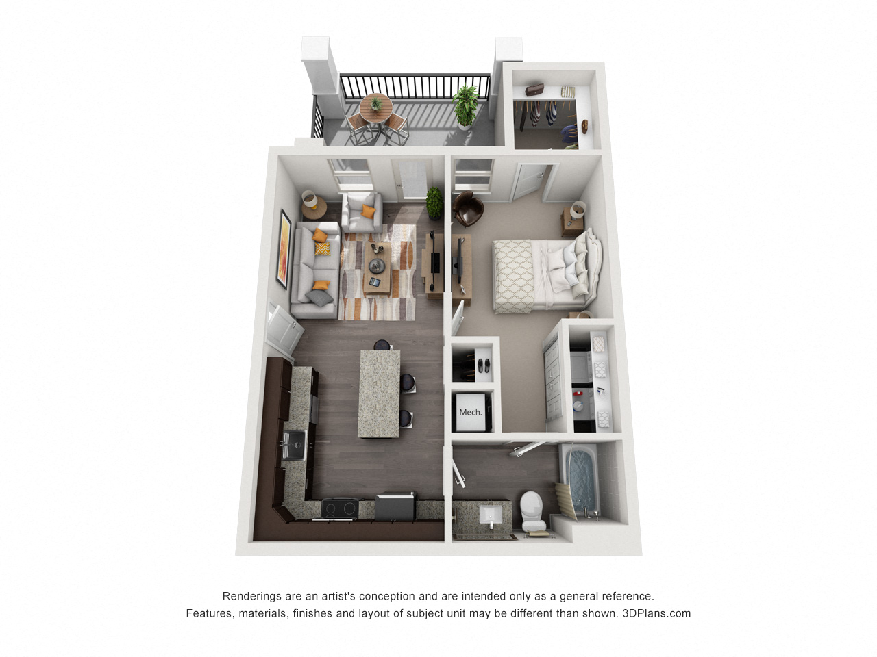 Floor plan for 1 bed, 1 bath, 644 sqft