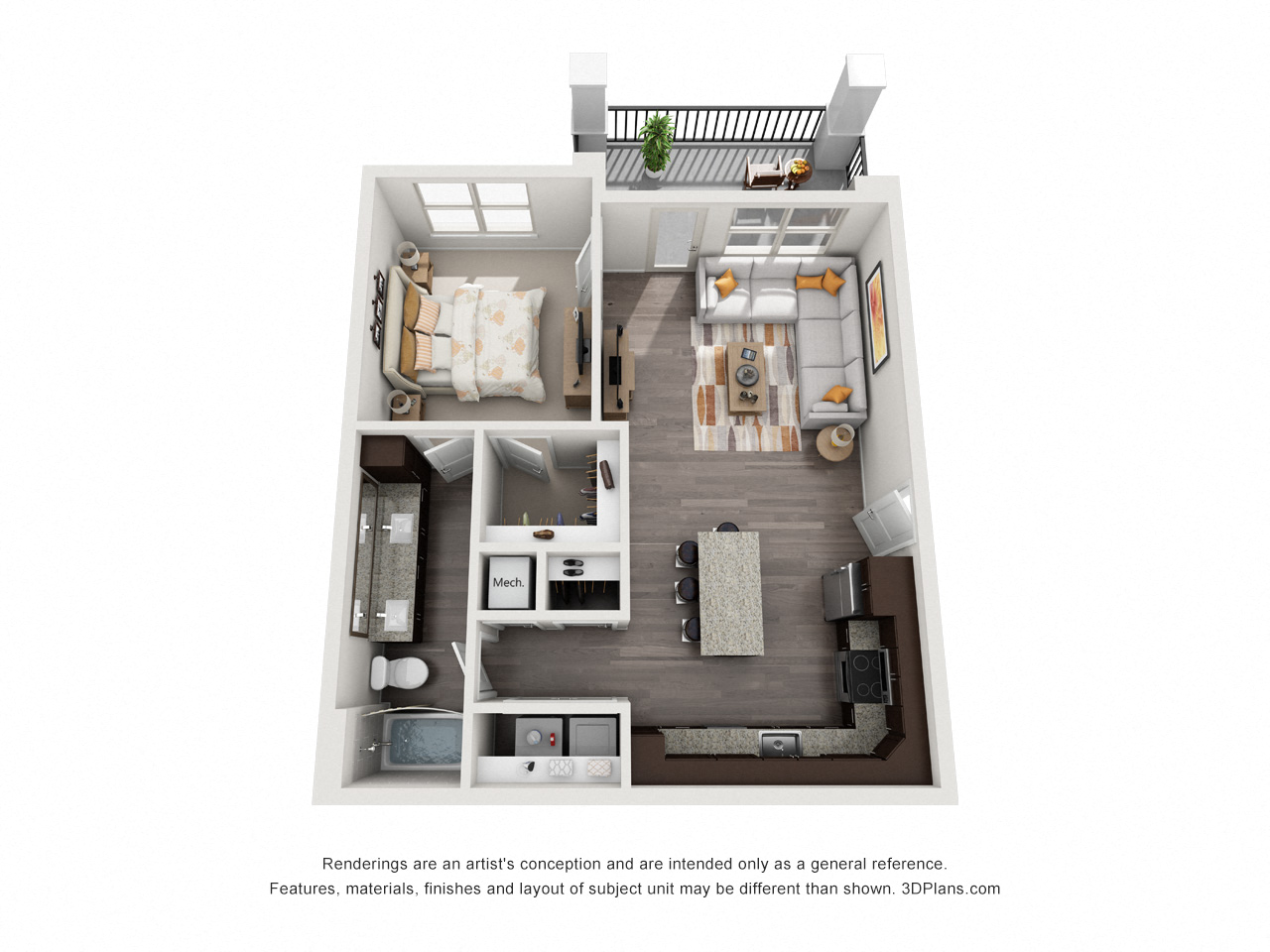 Floor plan for 1 bed, 1 bath, 760 sqft