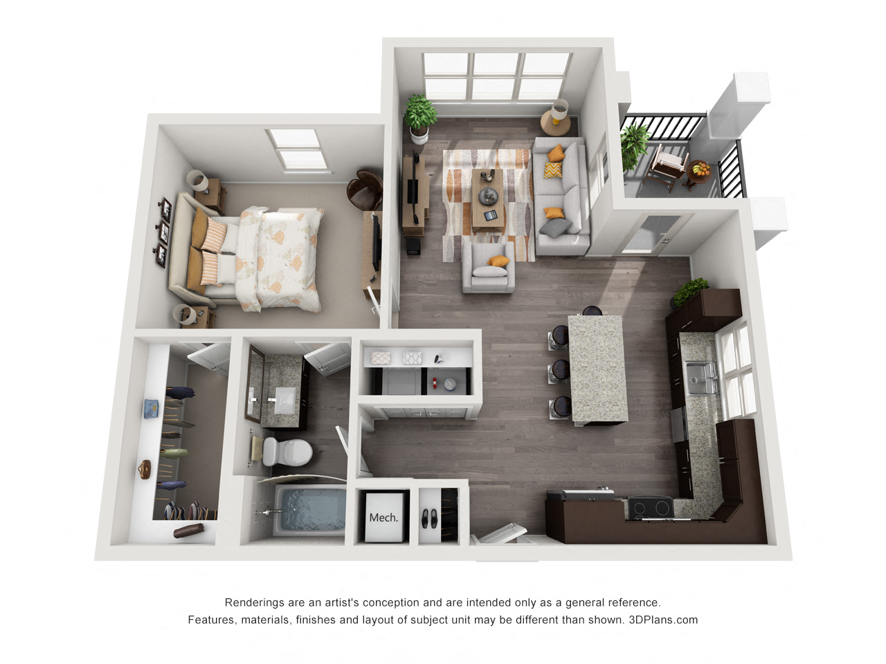 Floor plan for 1 bed, 1 bath, 773 sqft