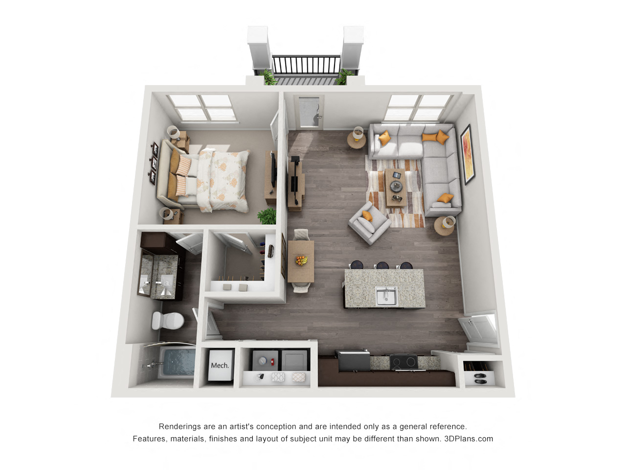 Floor plan for 1 bed, 1 bath, 793 sqft