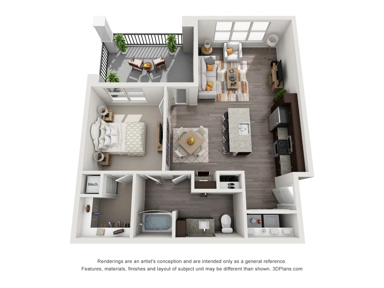 Floor plan for 1 bed, 1 bath, 840 sqft