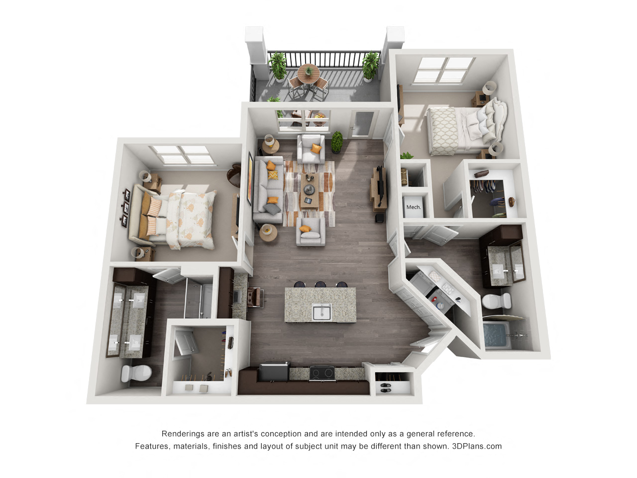 Floor plan for 2 beds, 2 baths, 1144 sqft