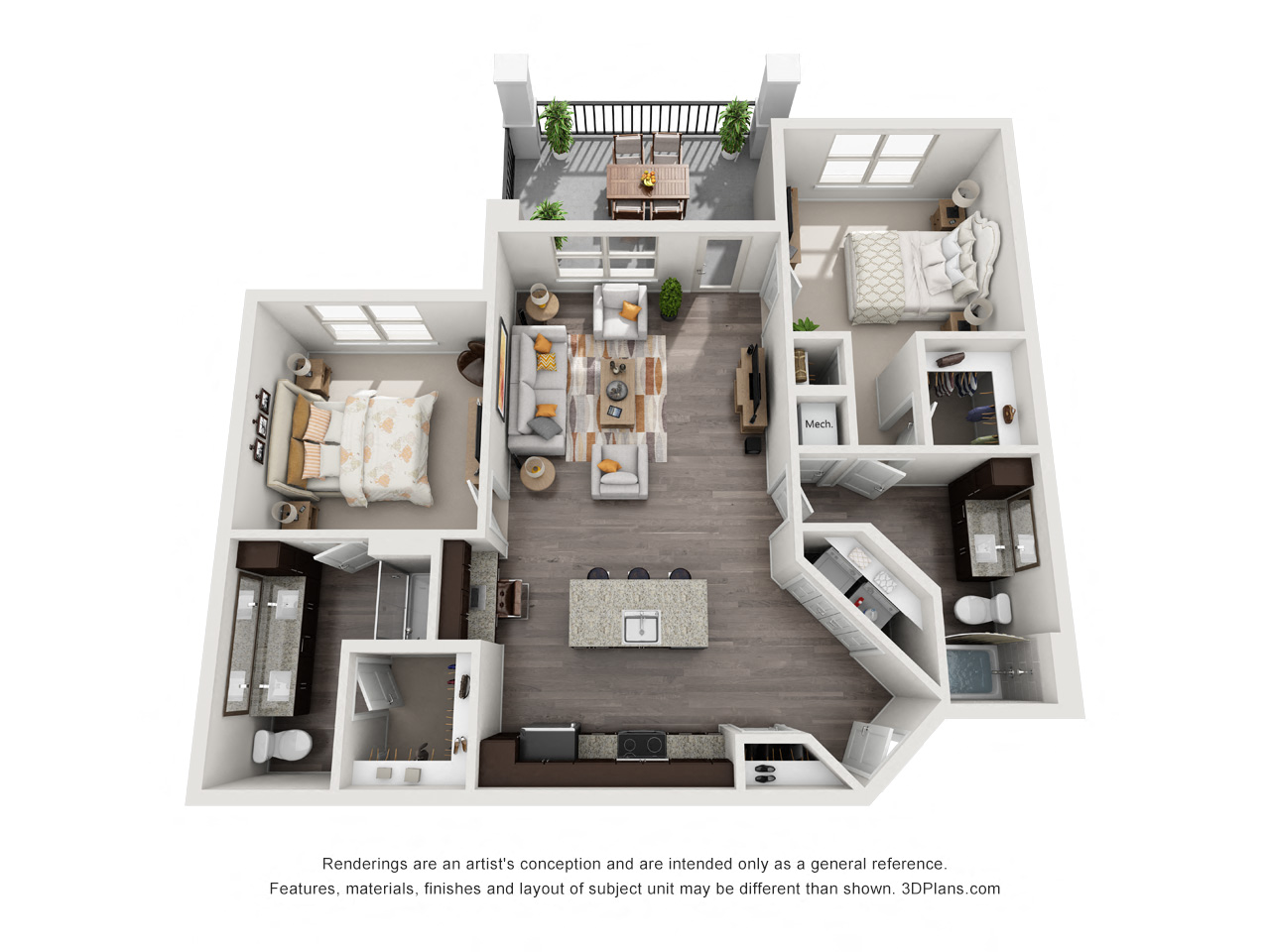 Floor plan for 2 beds, 2 baths, 1169 sqft