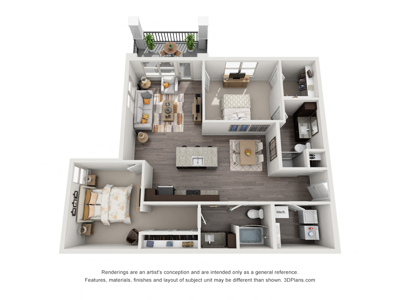 Floor plan for 2 beds, 2 baths, 1169 sqft