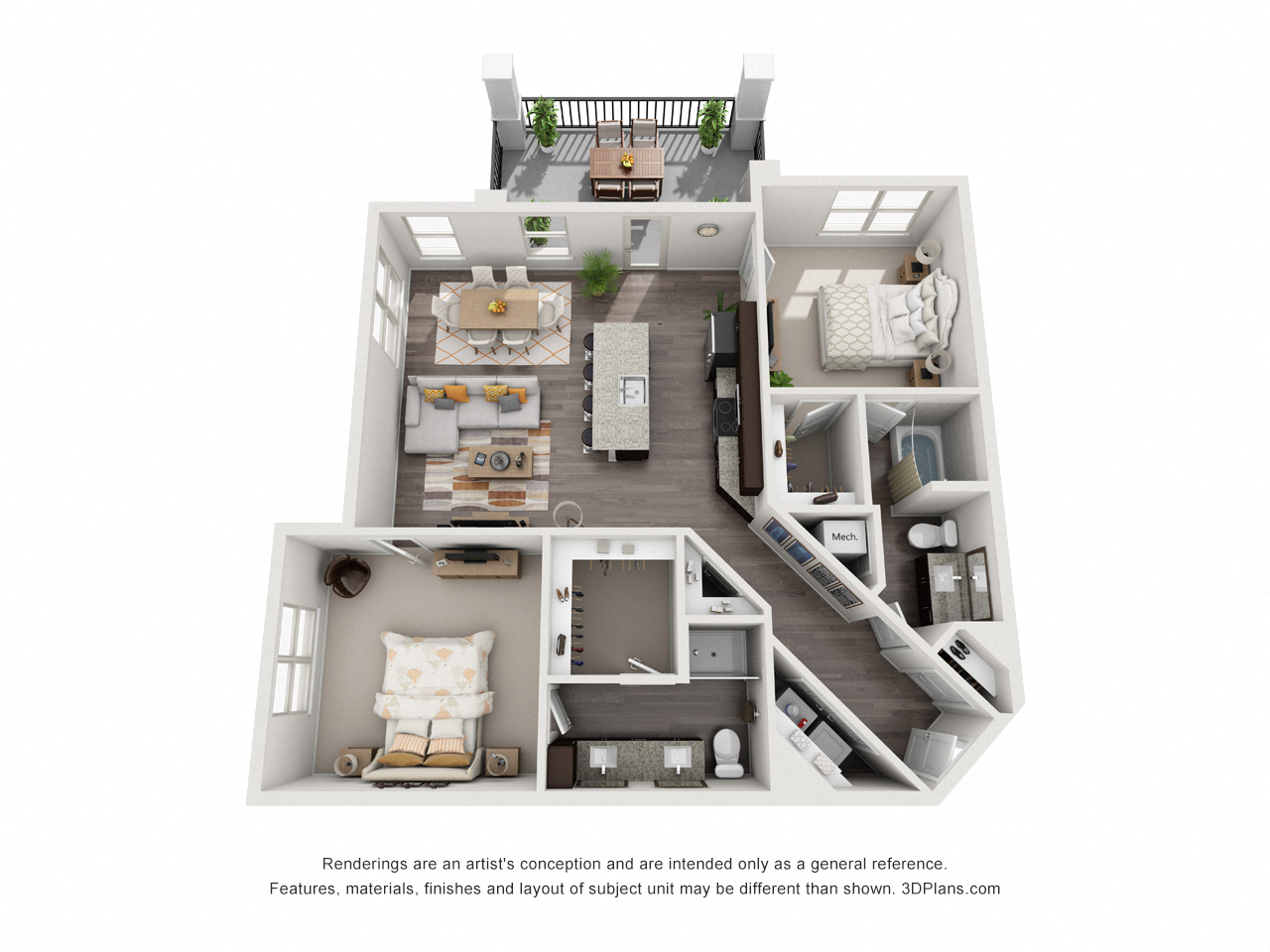 Floor plan for 2 beds, 2 baths, 1243 sqft