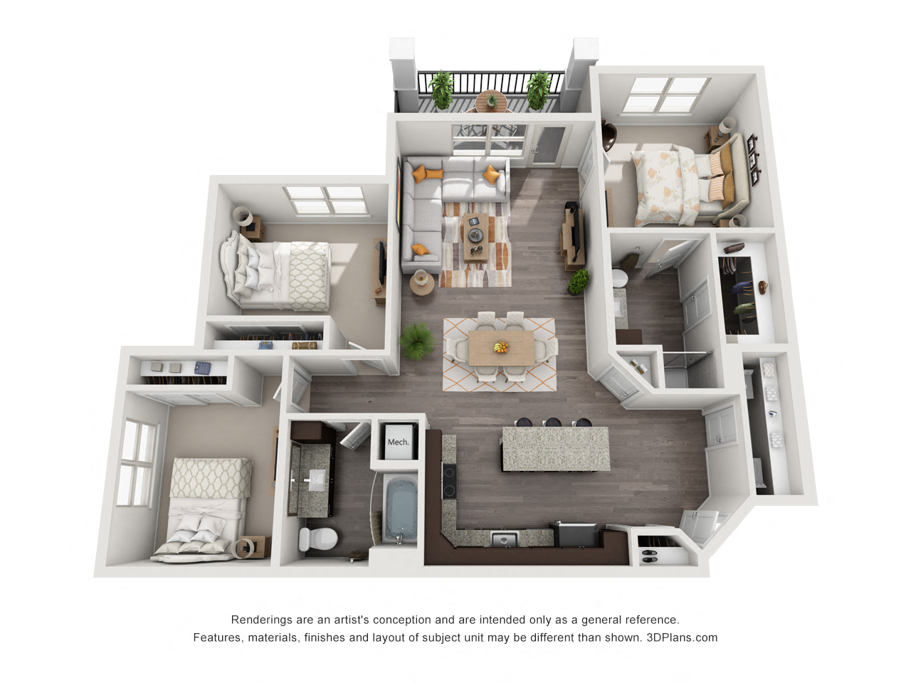 Floor plan for 3 beds, 2 baths, 1351 sqft