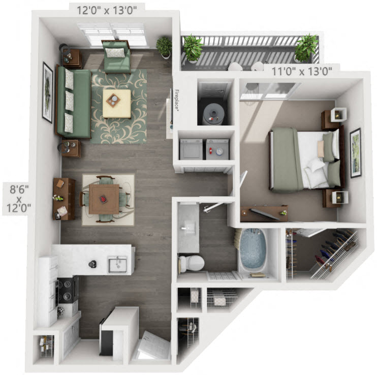 Floor plan for 1 bed, 1 bath, 760 sqft