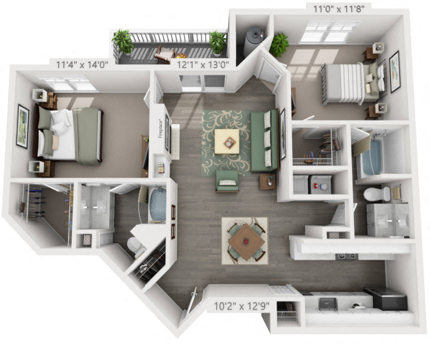 Floor plan for 2 beds, 2 baths, 1053 sqft