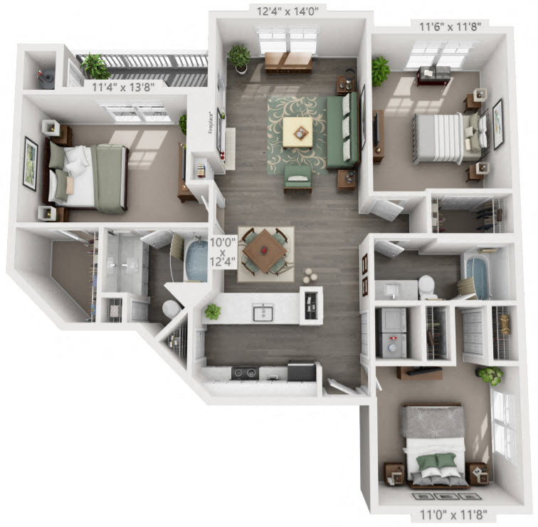 Floor plan for 3 beds, 2 baths, 1210 sqft
