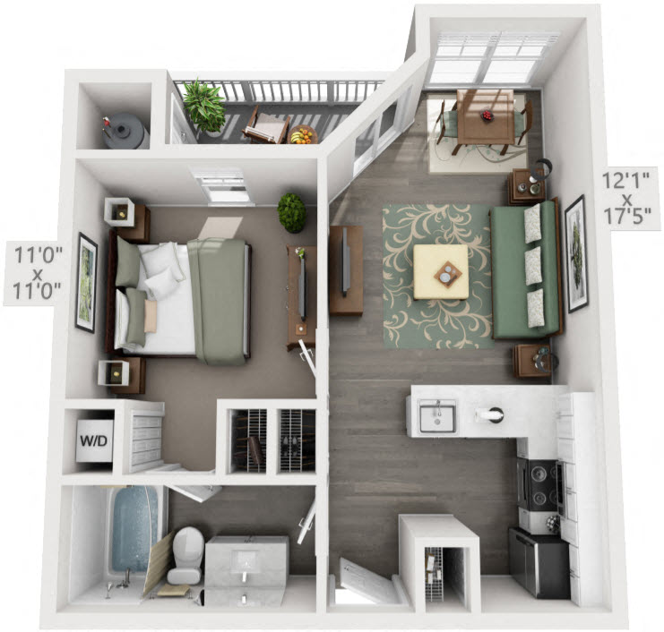 Floor plan for 1 bed, 1 bath, 559 sqft