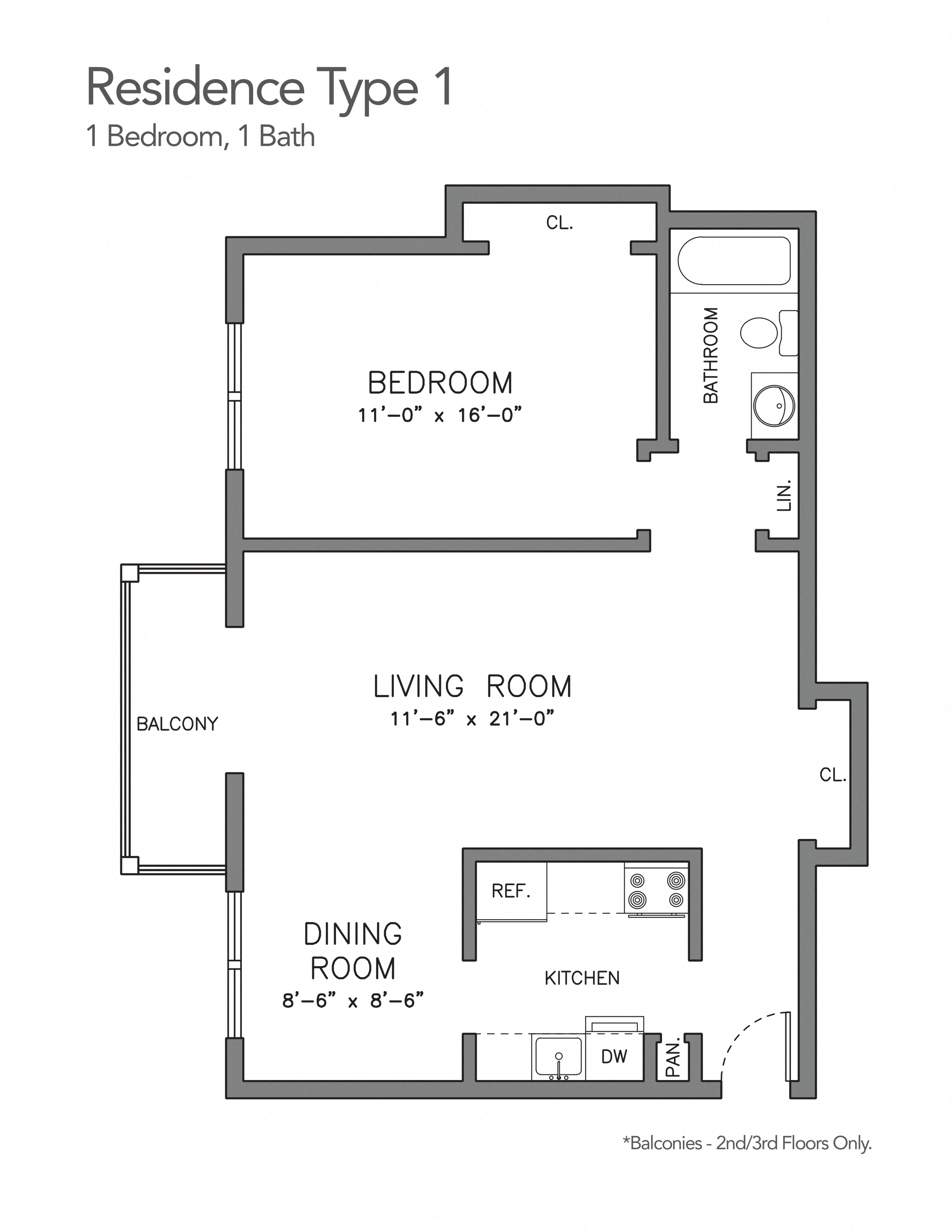 Floor plan for 1 bed, 1 bath, 673 sqft