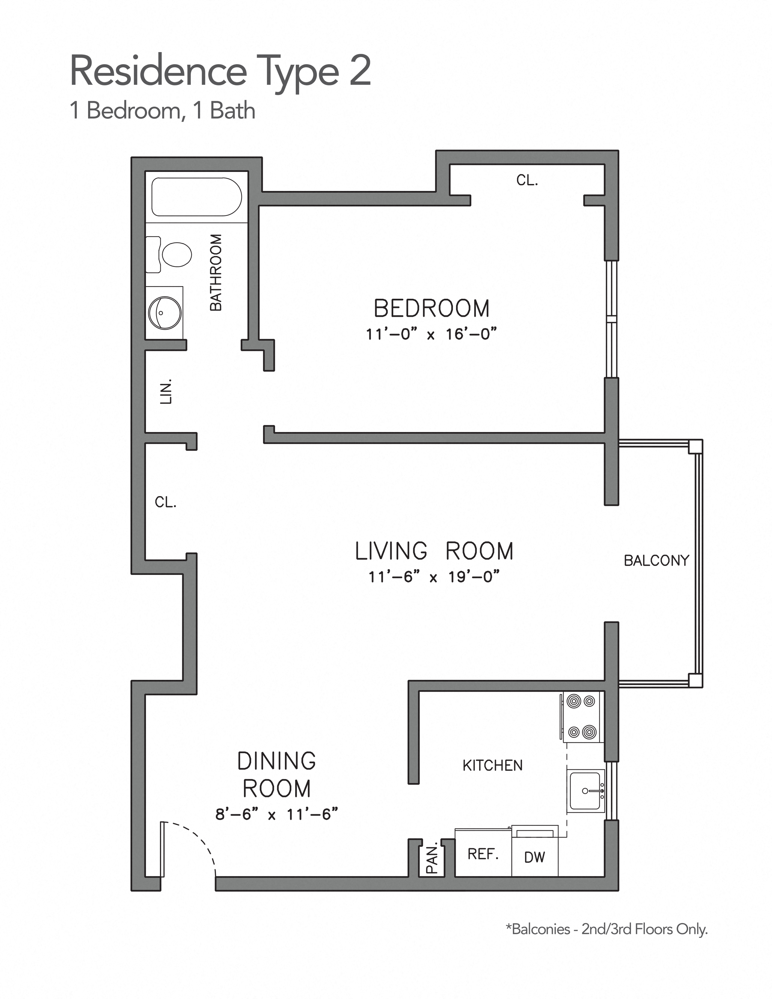 Floor plan for 1 bed, 1 bath, 611 sqft