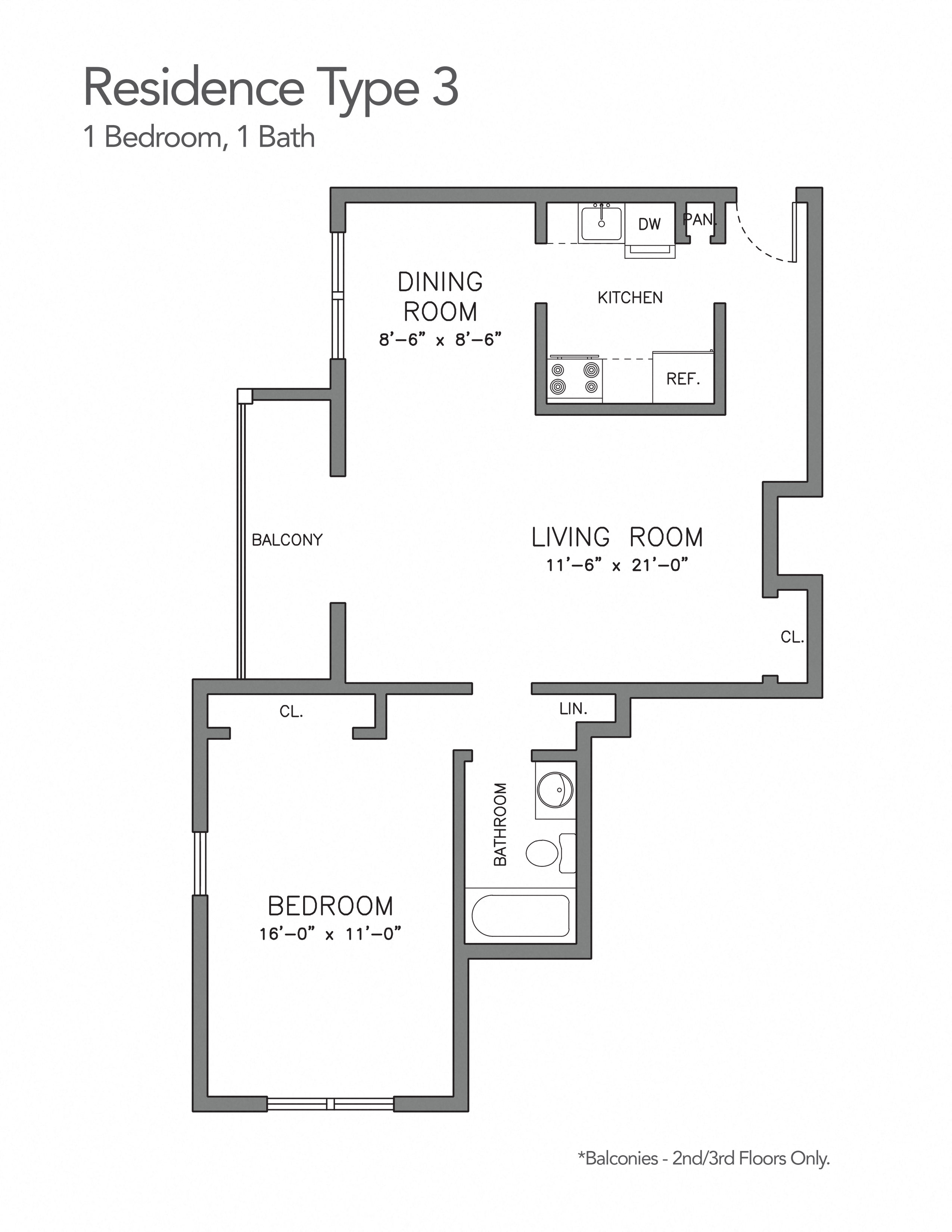 Floor plan for 1 bed, 1 bath, 617 sqft