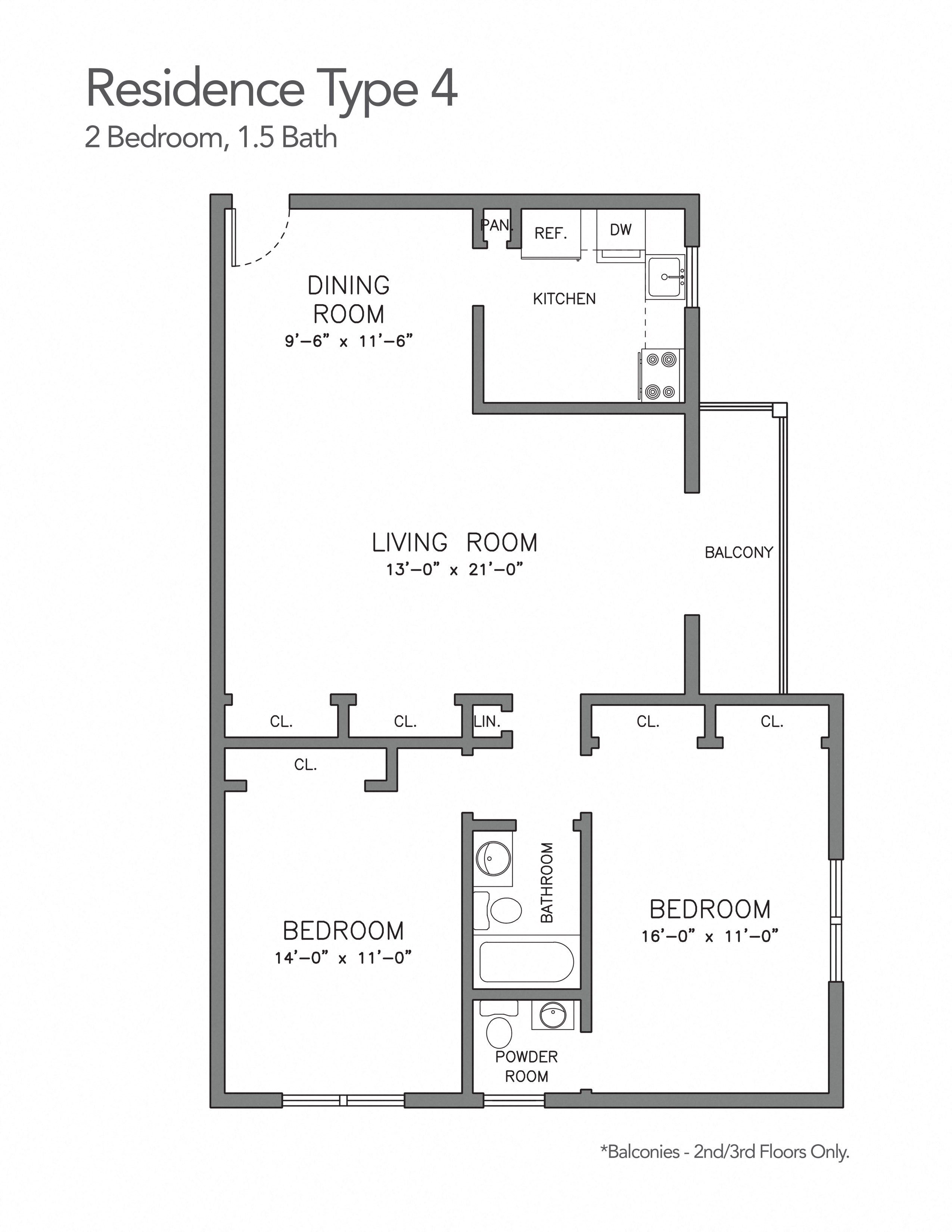 Floor plan for 2 beds, 1.5 baths, 837 sqft