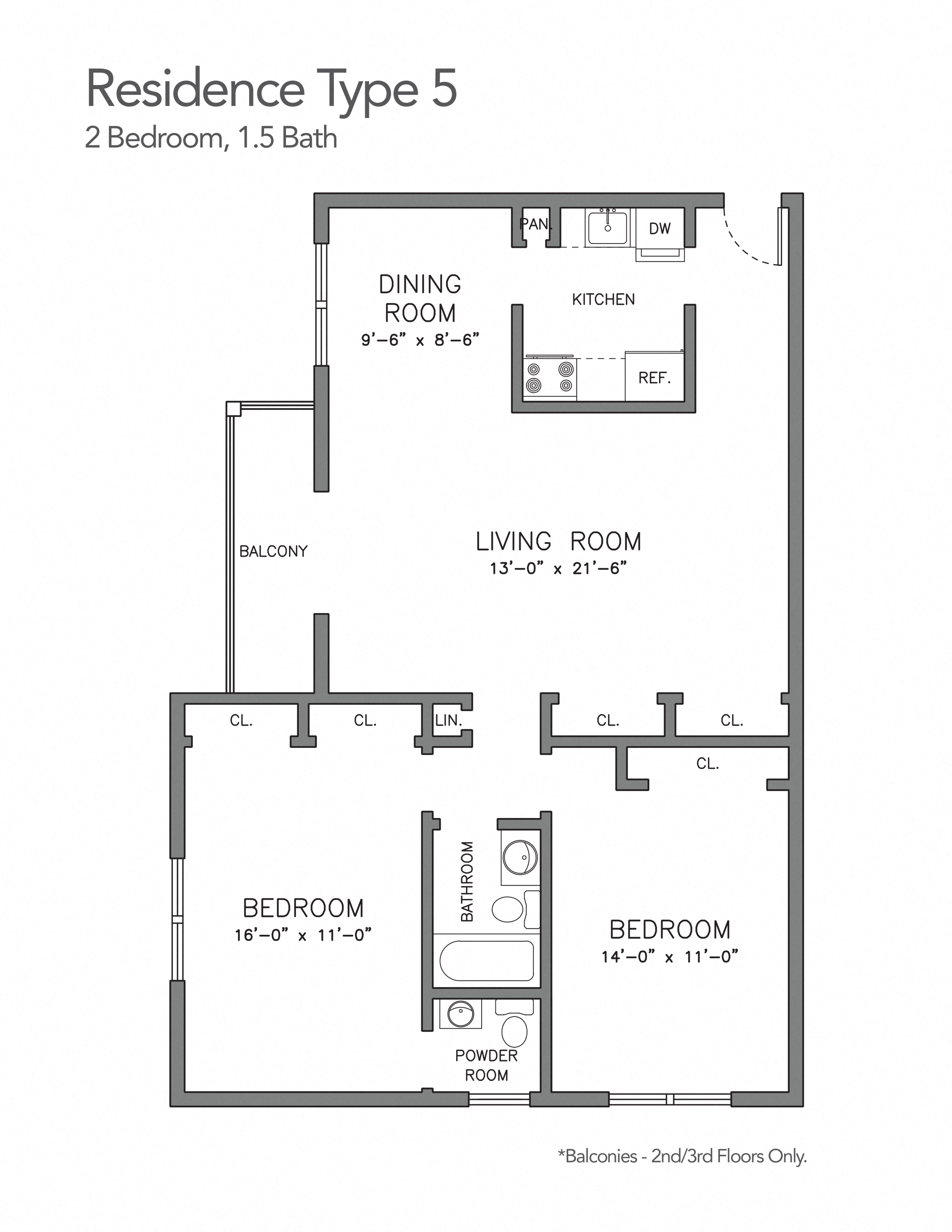 Floor plan for 2 beds, 1.5 baths, 815 sqft