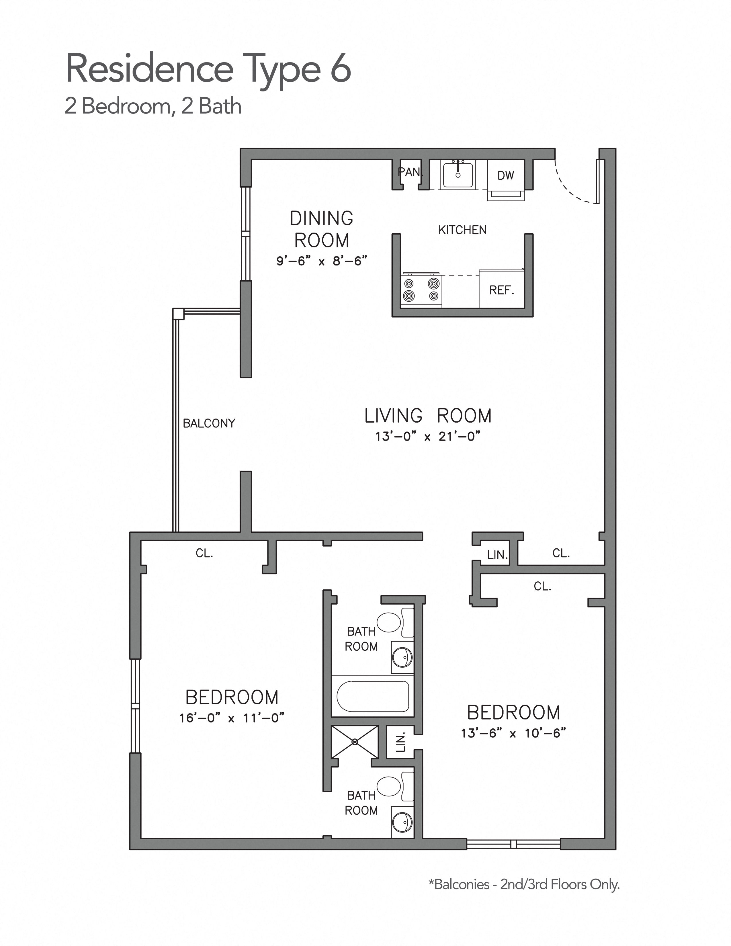 Floor plan for 2 beds, 2 baths, 815 sqft