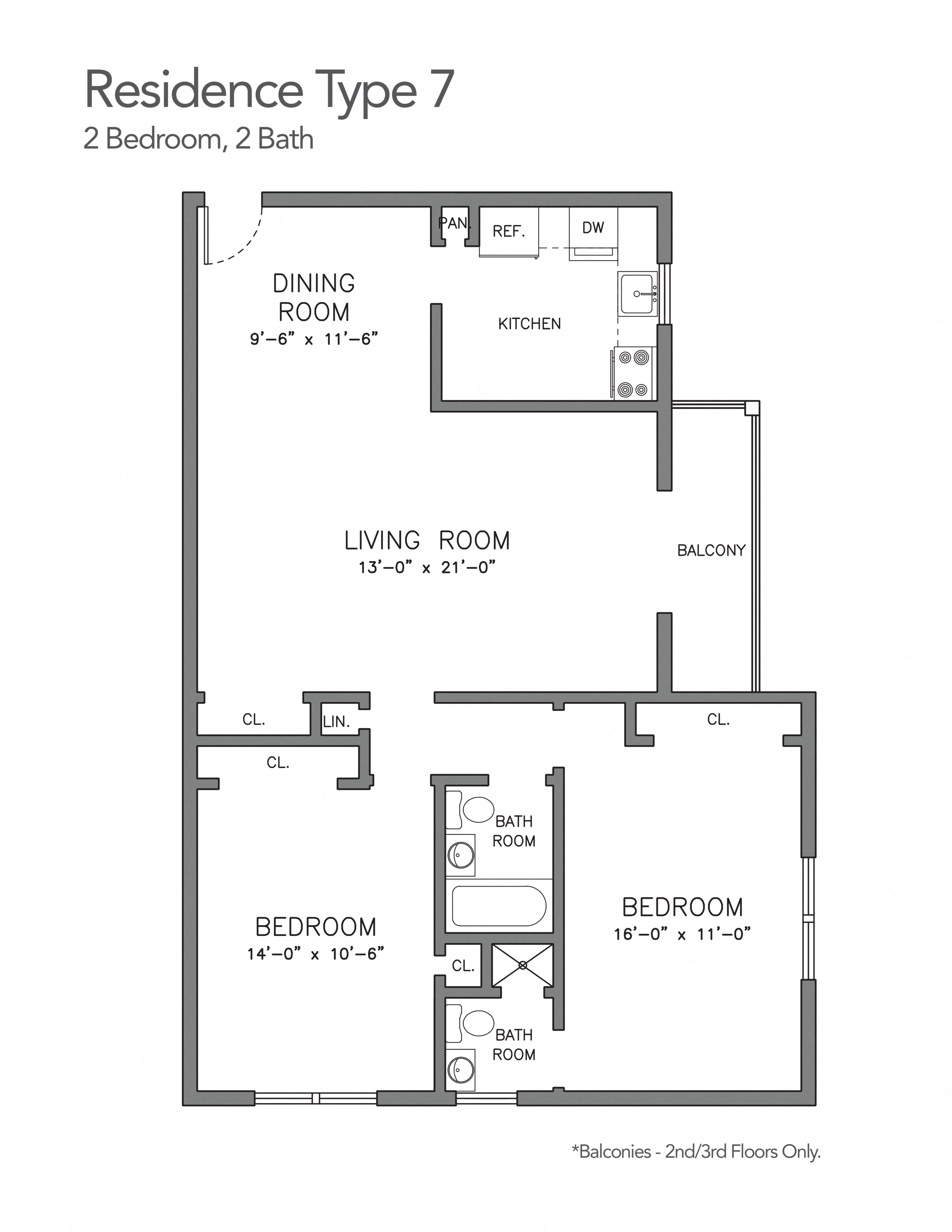 Floor plan for 2 beds, 2 baths, 832 sqft