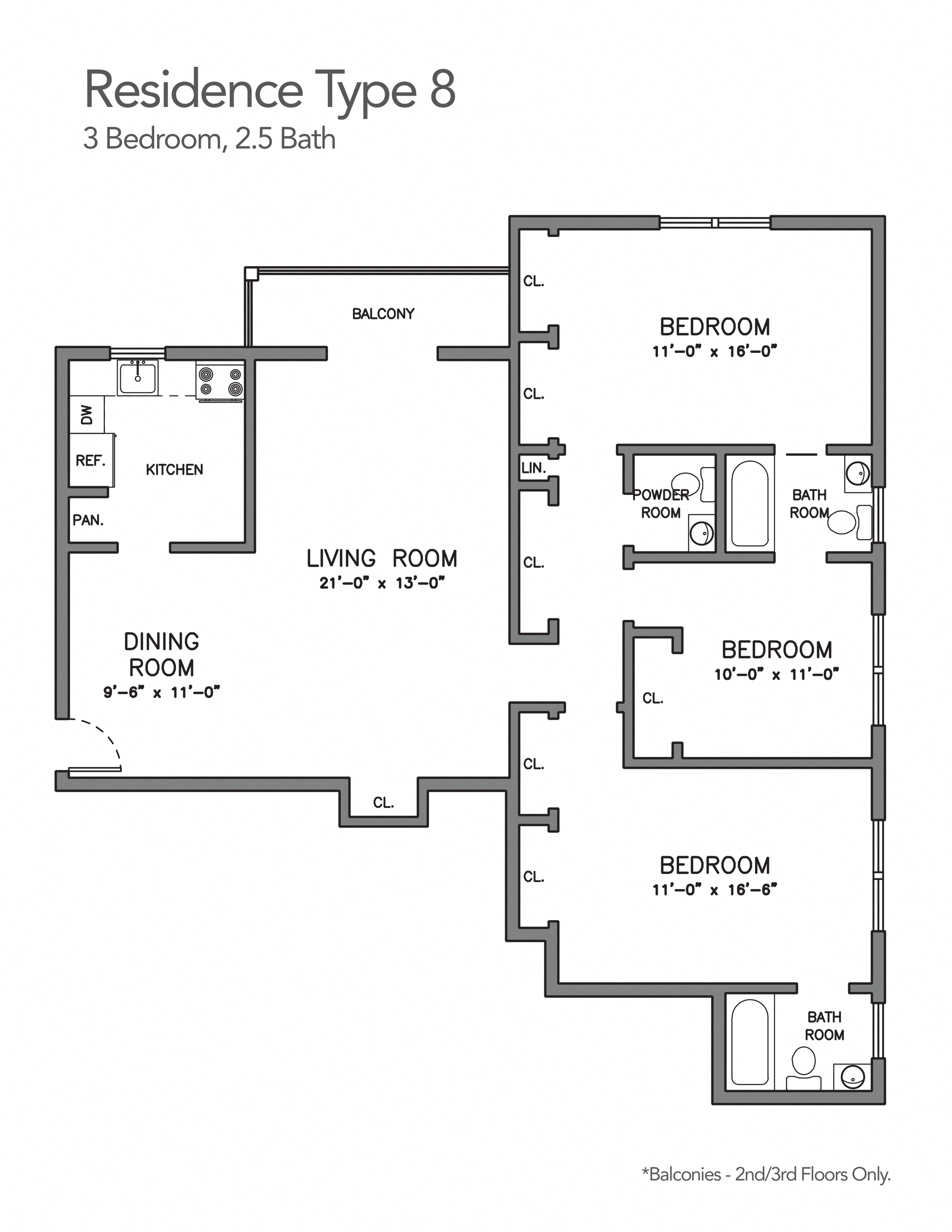 Floor plan for 3 beds, 2.5 baths, 1038 sqft