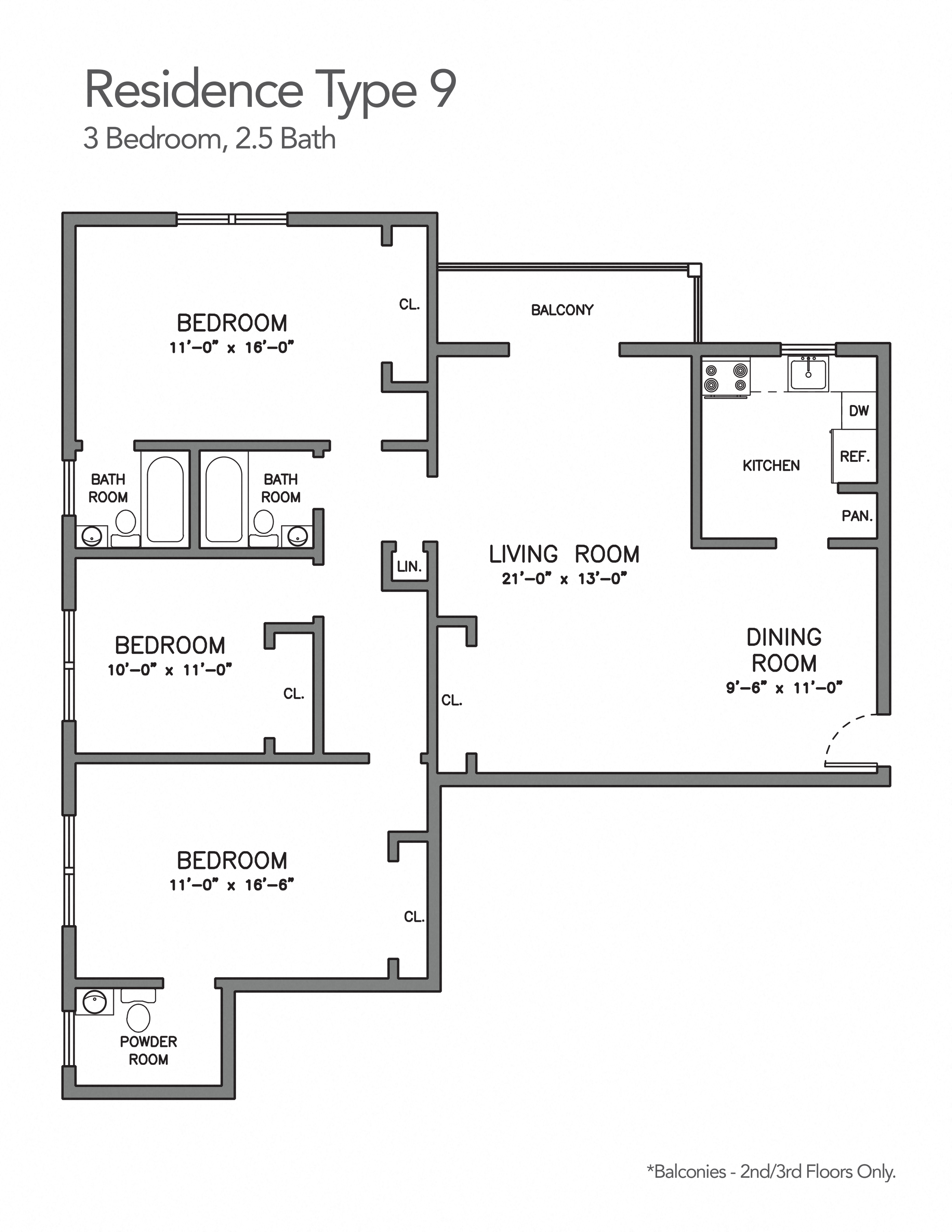 Floor plan for 3 beds, 2.5 baths, 1038 sqft