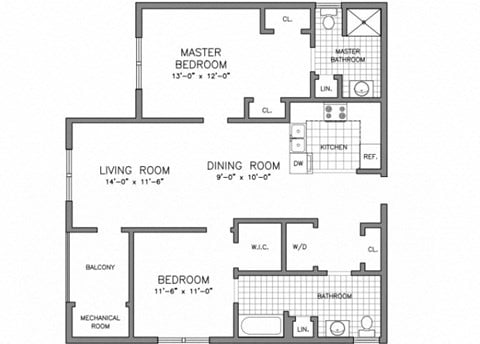 Floor plan for 2 beds, 2 baths, 1088 sqft