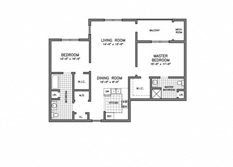Floor plan for 2 beds, 2 baths, 1111 sqft