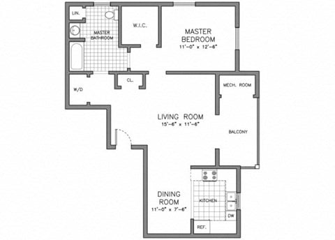 Floor plan for 1 bed, 1 bath, 843 sqft