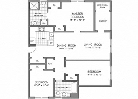 Floor plan for 3 beds, 2 baths, 1234 sqft