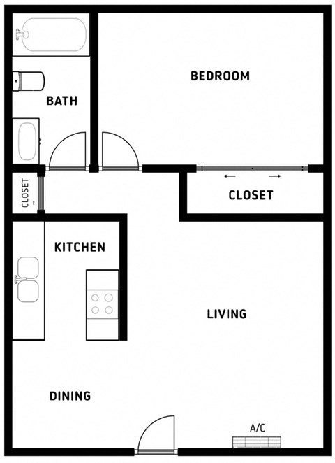 Floor plan for 1 bed, 1 bath, 506 sqft