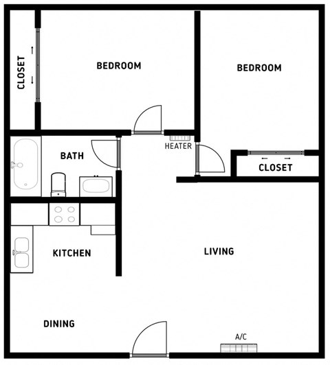 Floor plan for 2 beds, 1 bath, 698 sqft