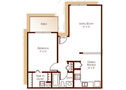 Floor plan for 1 bed, 1 bath, 726 sqft