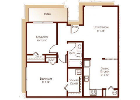 Floor plan for 2 beds, 1 bath, 926 sqft
