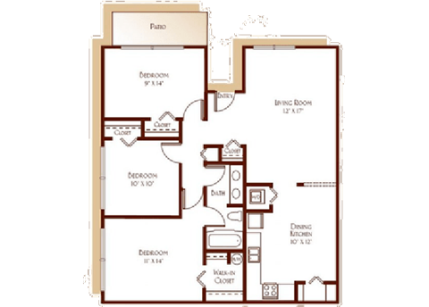 Floor plan for 3 beds, 1 bath, 1126 sqft