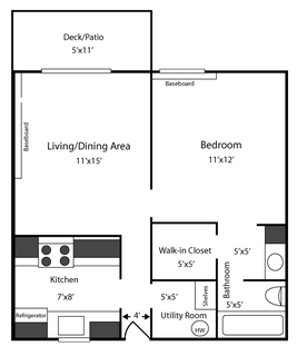 Floor plan for 1 bed, 1 bath, 576 sqft