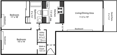 Floor plan for 2 beds, 1 bath, 776 sqft