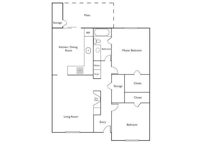 Floor plan for 2 beds, 1 bath, 877 sqft