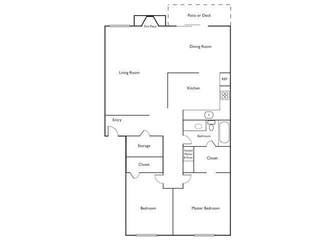 Floor plan for 2 beds, 1 bath, 977 sqft