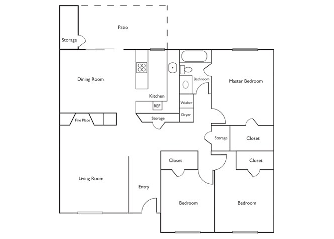 Floor plan for 3 beds, 1 bath, 1120 sqft