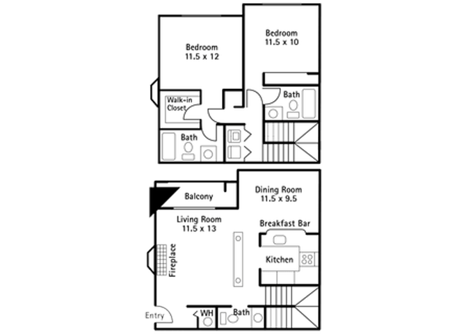 Floor plan for 2 beds, 2.5 baths, 1208 sqft