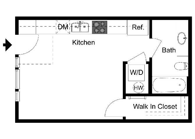 Floor plan for studio, 1 bath, 378 sqft
