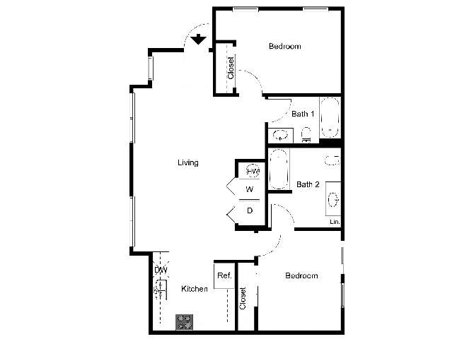 Floor plan for 2 beds, 2 baths, 890 sqft