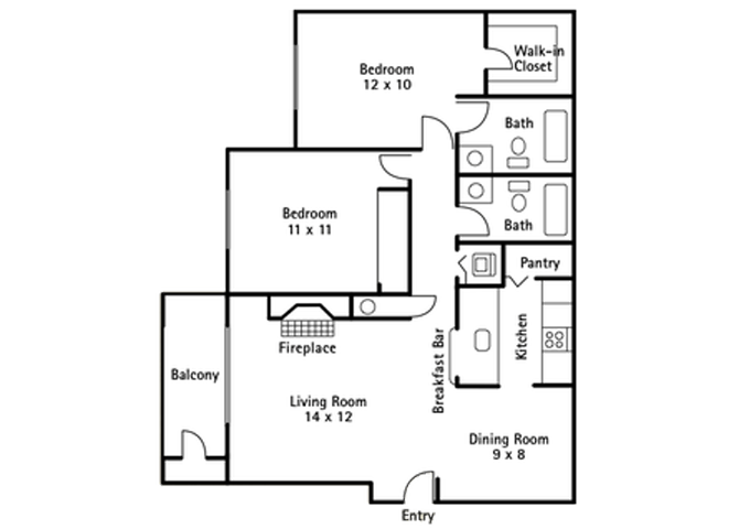 Floor plan for 2 beds, 2 baths, 940 sqft