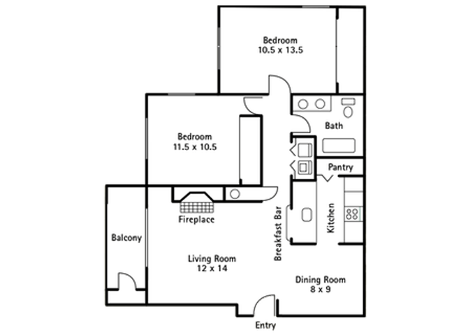 Floor plan for 2 beds, 1 bath, 915 sqft